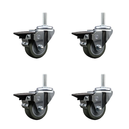 Service Caster 3 Inch Gray Polyurethane Wheel Swivel 58 Inch Threaded Stem Caster Set with Brake SCC SCC-TS20S314-PPUB-PLB-58212-4